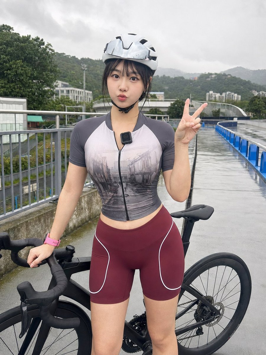 骑行女孩，太真实了有没有😄 GPT- image 2 prompt 👇 创作一张3:4比例的户外骑行写实人像摄影：一位极其美丽的成年东亚女性站在高架骑行道上，身旁是一辆流线型黑色碳纤维公路自行...