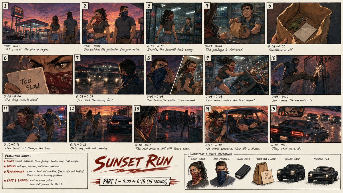 为一部名为《Sunset Run》（日落狂奔）的原创二维动作惊悚短片，仅就 PART 1，创作一张高细节的专业故事板（分镜）单页图像。页面应仅呈...