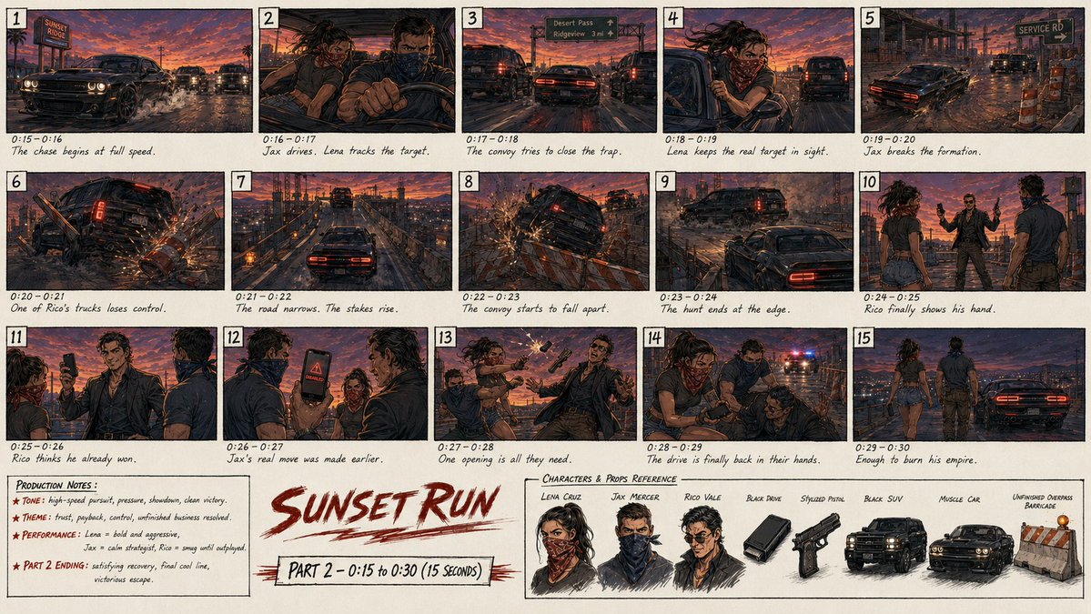 为一部名为《Sunset Run》的原创2D动作惊悚短片的下集（PART 2）制作一张高细节的专业故事板单页图像。该页面仅呈现下集完整的15秒故...