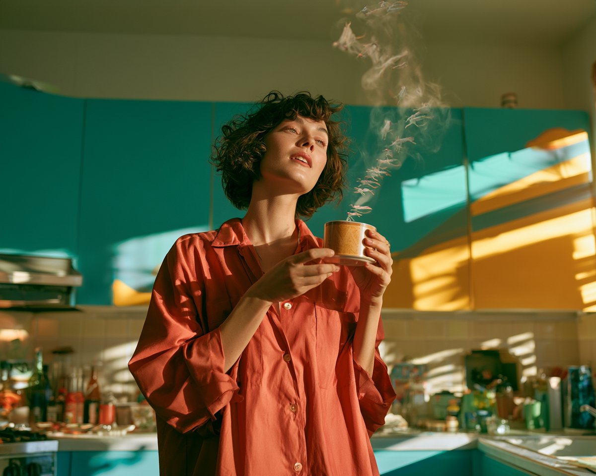 美丽的年轻成年女性刚刚醒来后站在一间明亮的复古厨房里，手捧一杯新鲜咖啡，咖啡升腾的蒸汽化身为一行嬉戏的半透明迷你生物，沿着空气向上攀爬直至天花板...