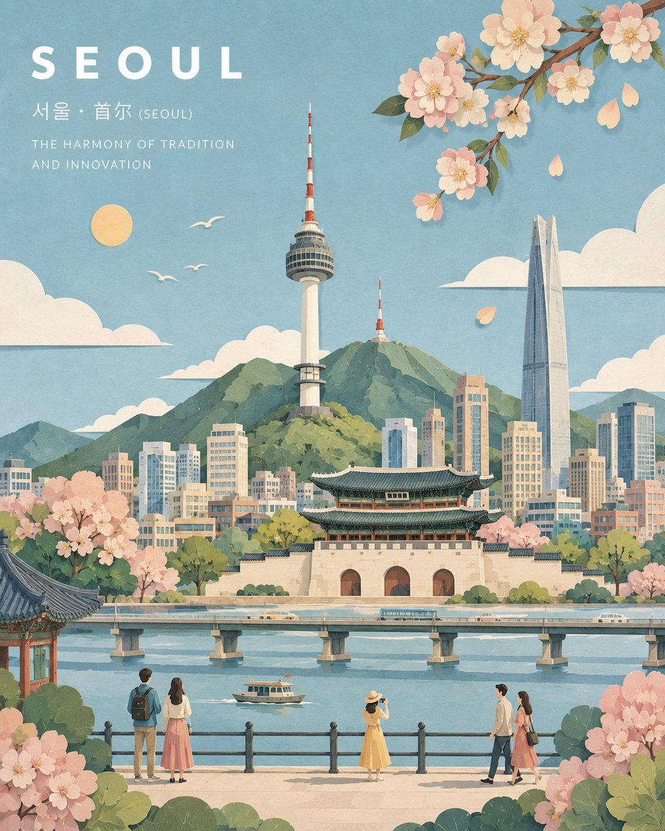 创作一幅精致的横向风景插画,主题为[城市/主题],以[标志性建筑/景观]作为主要可识别的视觉焦点。 风格:极简、优雅的粉彩拼贴旅行海报。风格化而非写实,采用干净的几何形状、分层剪纸、清晰的轮廓...