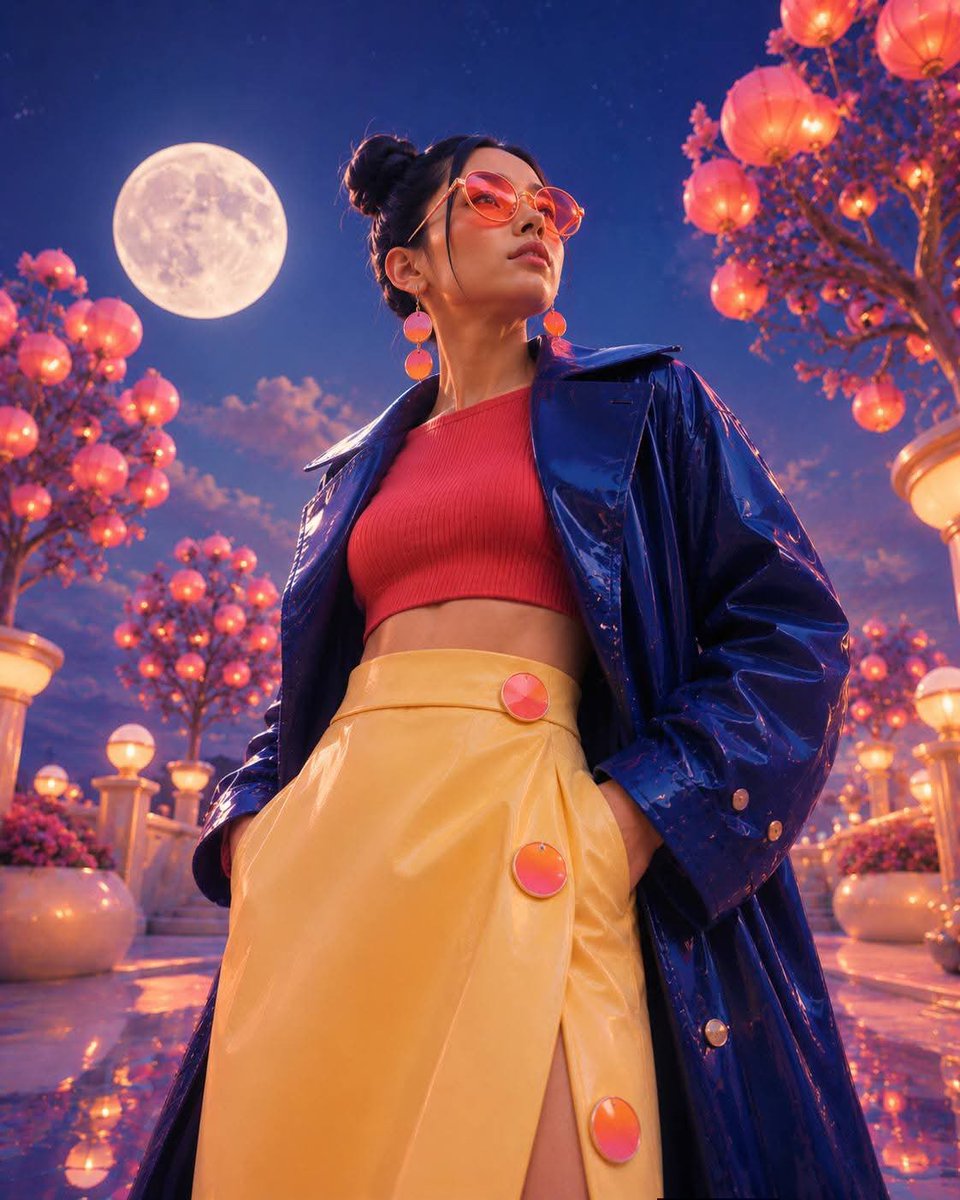 Gpt Image 2 在 ChatGpt 提示词 ⤵️ [CHARACTER] 的低角度超现实时尚肖像，发型为 [HAIR]，身着 [CLOTHING]，佩戴 [ACCESSORY]，站立于...