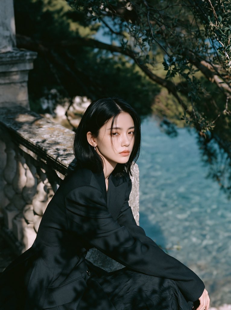 一位美丽的中国女性，留着黑色短发，独自坐在地中海别墅的露台旁，身着优雅的黑色定制西装外套，极简风格，神情安静而内敛，目光望向镜头之外。她坐在古老...