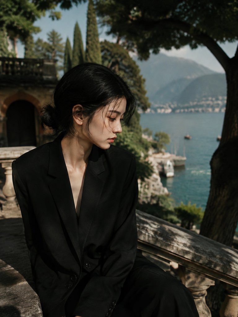 一位美丽的中国女性，留着黑色短发，独自坐在地中海别墅的露台旁，身着优雅的黑色定制西装外套，极简风格，神情安静而内敛，目光望向镜头之外。她坐在古老的石栏杆旁，俯瞰清澈见底的碧绿海水，茂密的地中海...