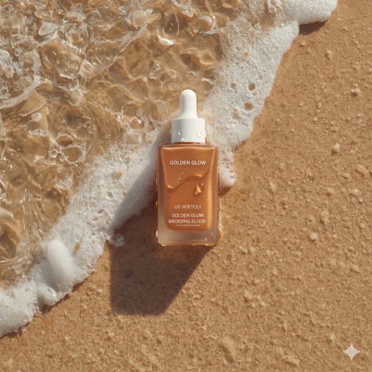 超写实夏日护肤品产品摄影：一款名为"Golden Glow - Bronzing Elixir"（金色光泽 - 古铜美颜精华）的美黑滴管瓶，矩形哑光瓶身采用温暖的阳光亲吻般的古铜色调，配以纯净...