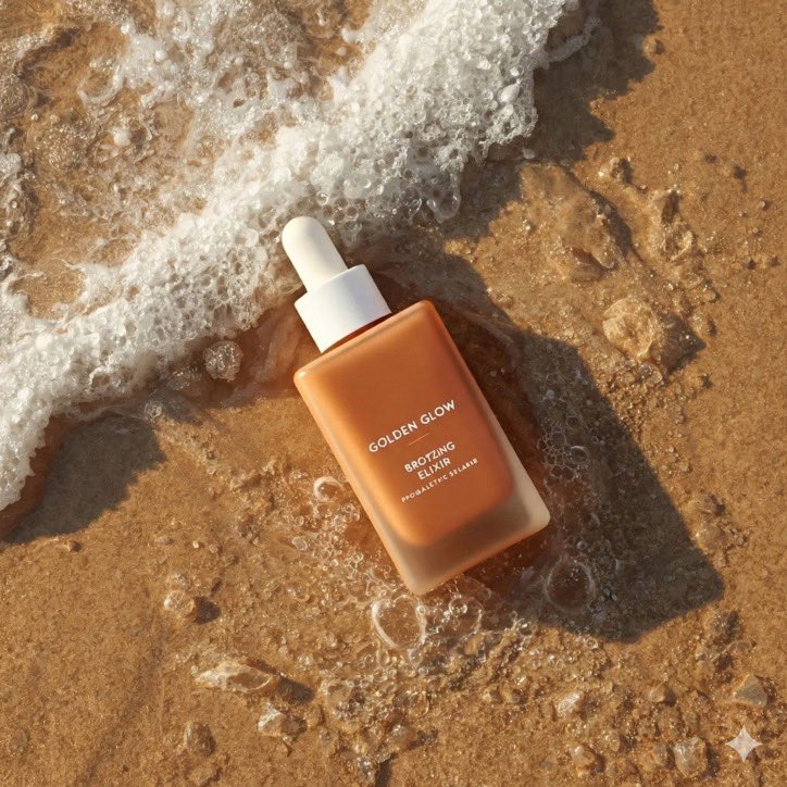 超写实夏日护肤品产品摄影：一款名为"Golden Glow - Bronzing Elixir"（金色光泽 - 古铜美颜精华）的美黑滴管瓶，矩形哑光瓶身采用温暖的阳光亲吻般的古铜色调，配以纯净...