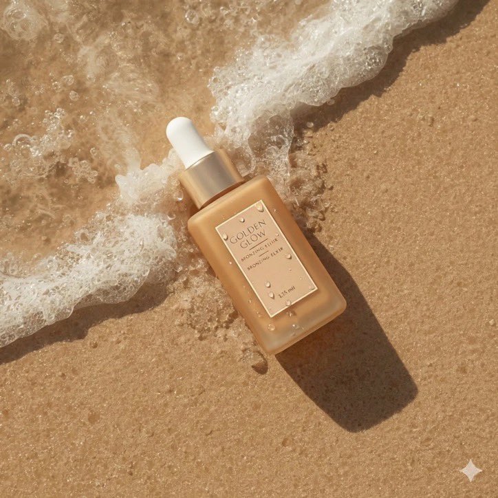 超写实夏日护肤品产品摄影：一款名为"Golden Glow - Bronzing Elixir"（金色光泽 - 古铜美颜精华）的美黑滴管瓶，矩形哑光瓶身采用温暖的阳光亲吻般的古铜色调，配以纯净...