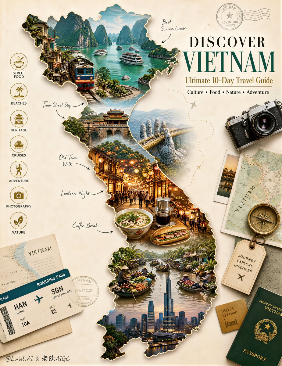 凌乱的拼贴画，相互割裂的地标剪纸，廉价的宣传册设计，卡通地图，过度饱和的色彩，霓虹色旅行海报，杂乱的道具，无法辨识的排版文字，幼稚的涂鸦，凌乱的手写笔记，细节不足的地标，扭曲的地图轮廓，嘈杂的...