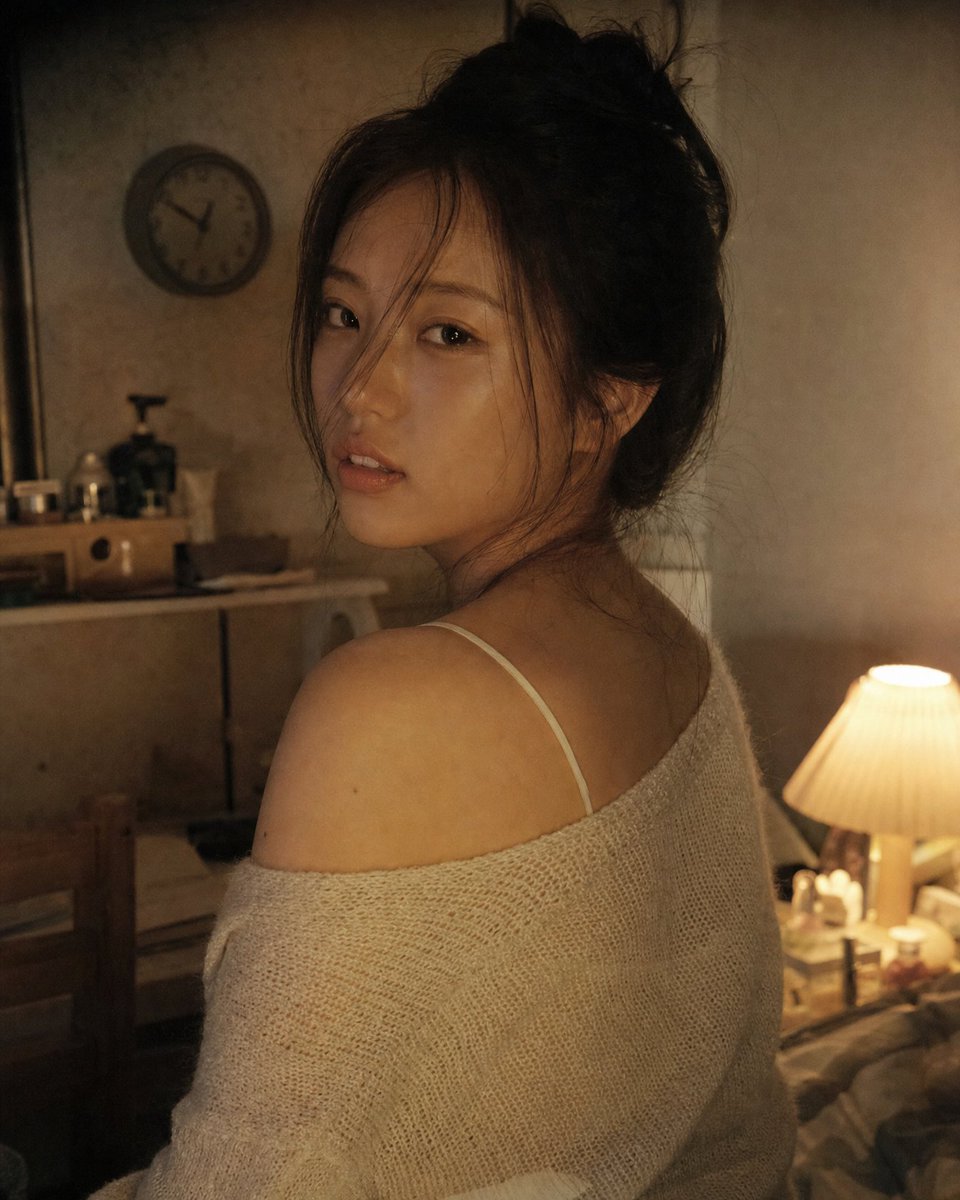 4:5 竖版抓拍人像 一张超写实的 4:5 竖版抓拍人像,画面中一位年轻成年韩国女性在灯光昏暗的卧室中自然地回头望向镜头。她身穿一件宽松的米色针织一字肩毛衣,隐约可见内搭精致的细吊带背心。她的...