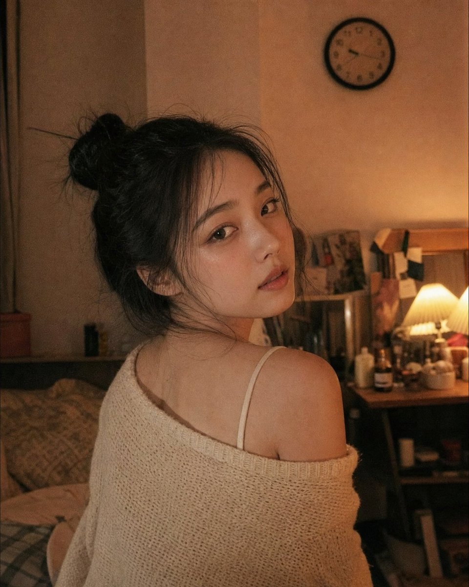4:5 竖版抓拍人像 一张超写实的 4:5 竖版抓拍人像,画面中一位年轻成年韩国女性在灯光昏暗的卧室中自然地回头望向镜头。她身穿一件宽松的米色针织一字肩毛衣,隐约可见内搭精致的细吊带背心。她的...