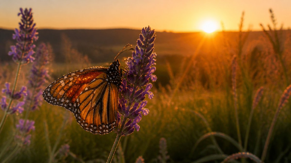 GPT Image 2 提示词，第一张为基础图，其余为其变体 P1：A monarch butterfly, wings dusted with pollen, clings to a rai...