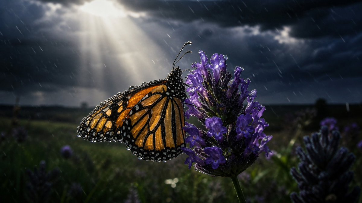 GPT Image 2 提示词，第一张为基础图，其余为其变体 P1：A monarch butterfly, wings dusted with pollen, clings to a rai...