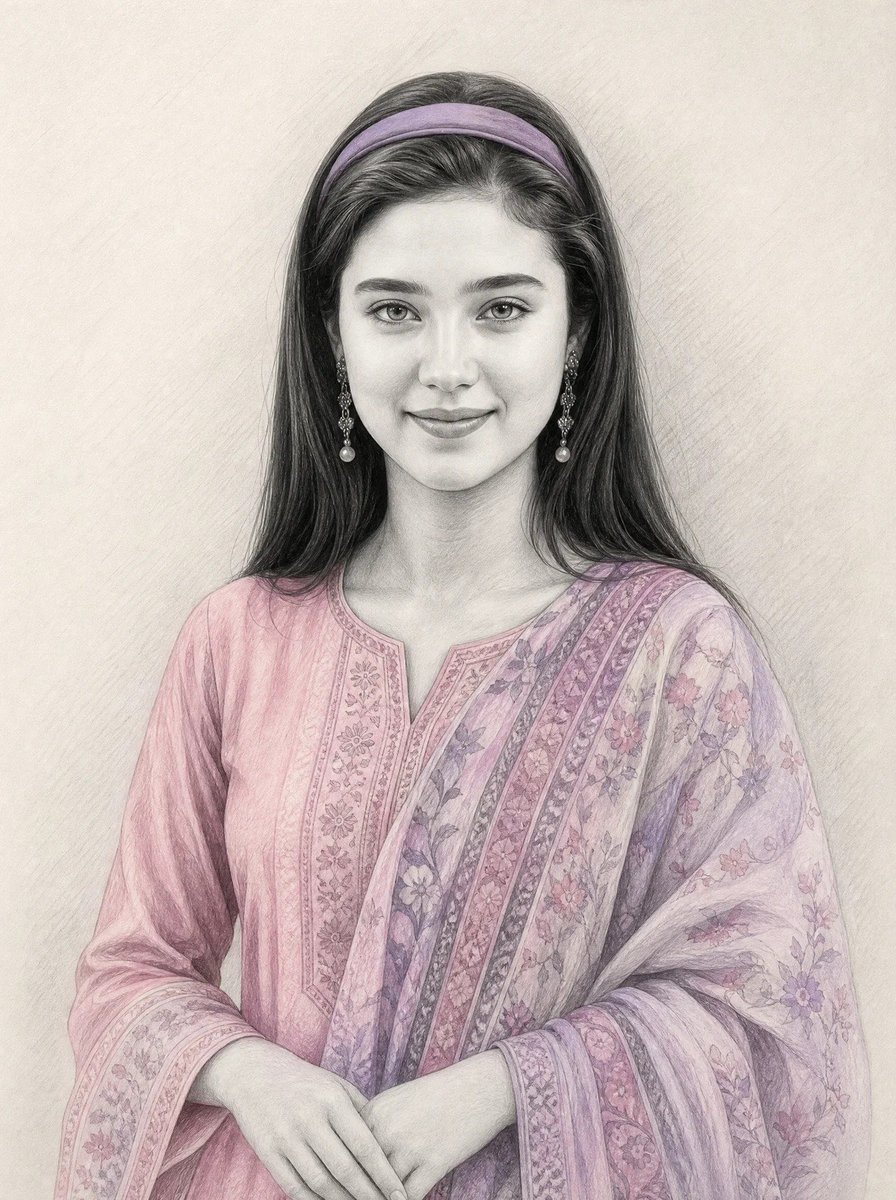 一幅超写实的柔和石墨铅笔素描插画，带有选择性着色，描绘了 image_0.png 中那位女性的相貌、面部特征、表情、年龄及黑色长发。主体为半身至...
