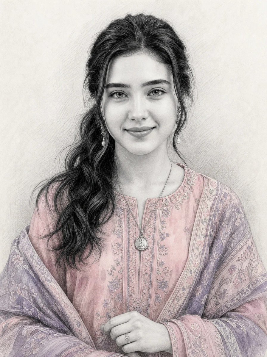 一幅超写实的柔和石墨铅笔素描插画，带有选择性着色，描绘了 image_0.png 中那位女性的相貌、面部特征、表情、年龄及黑色长发。主体为半身至胸部以上的肖像，置于画面中央，背景是极简的米白色...