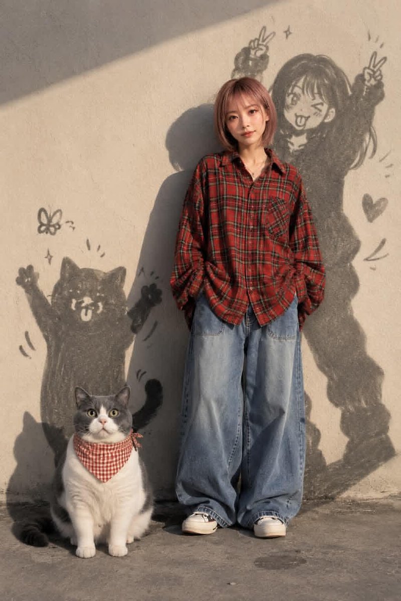 创作一幅温馨、电影感、动漫灵感的生活方式人像，描绘一位有着短款粉彩色粉红波波头可爱年轻女性。她身穿一件宽松复古红色格纹法兰绒衬衫、宽松蓝色牛仔裤...