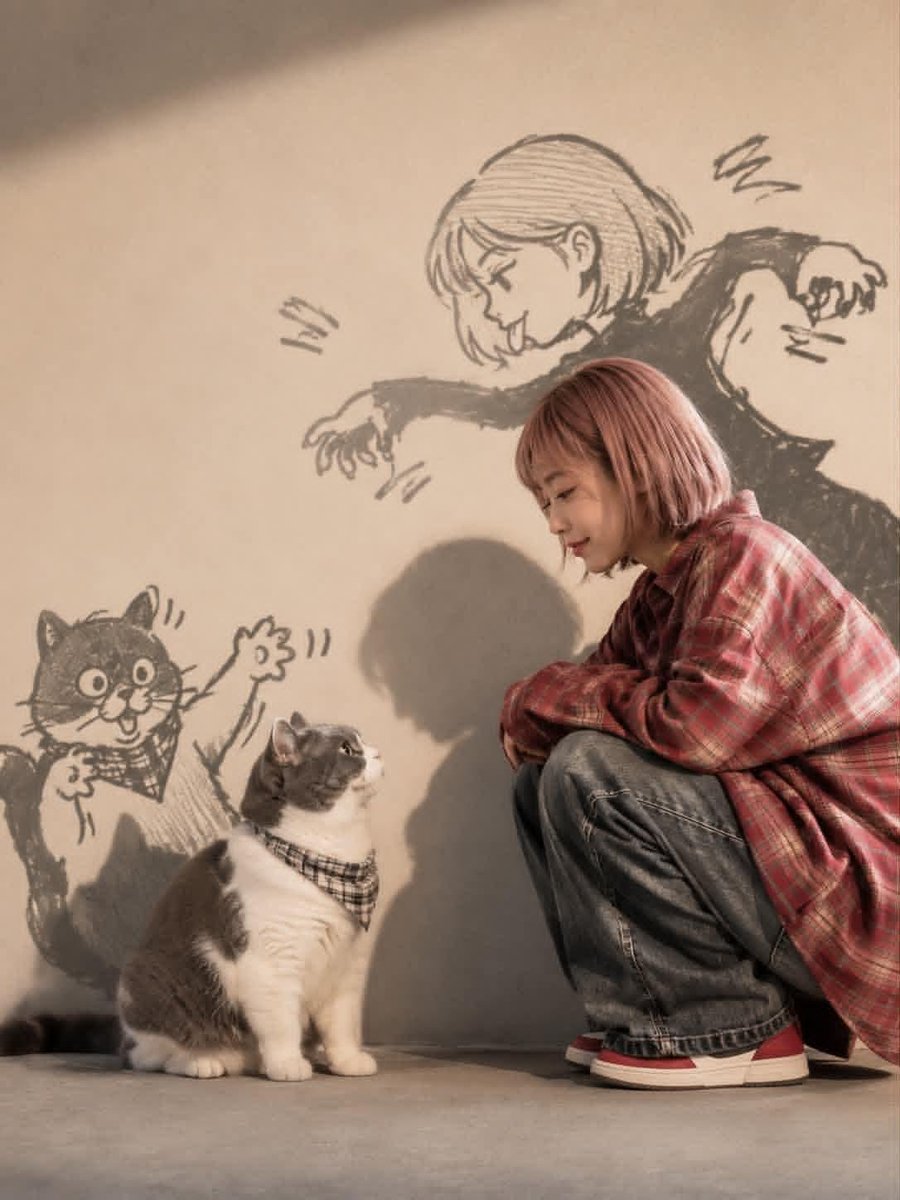 创作一幅温馨、电影感、动漫灵感的生活方式人像，描绘一位有着短款粉彩色粉红波波头可爱年轻女性。她身穿一件宽松复古红色格纹法兰绒衬衫、宽松蓝色牛仔裤和经典帆布鞋。她身旁是一只毛茸茸的灰白英国短毛猫...