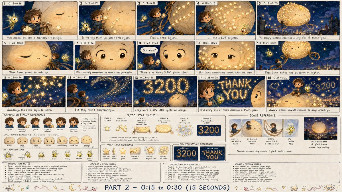 为一部原创二维动画短片《小创作者与3200颗纸星星》的第二部分（PART 2）创建一张高细节、专业级的动画分镜表图像。该分镜表覆盖最后15秒（0...