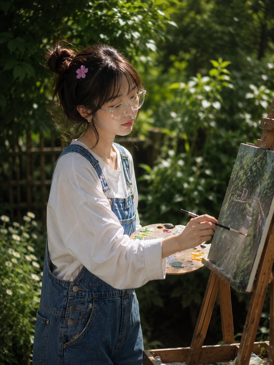 一幅梦幻般的户外人像照：一位年轻女子在郁郁葱葱的花园中画画，站在一个木质画架旁。她有一头齐肩的深棕色头发，带着柔和的刘海，用一个小小的柔和色彩发夹装饰，戴着一副透明的大框眼镜。她一只手轻轻扶正...