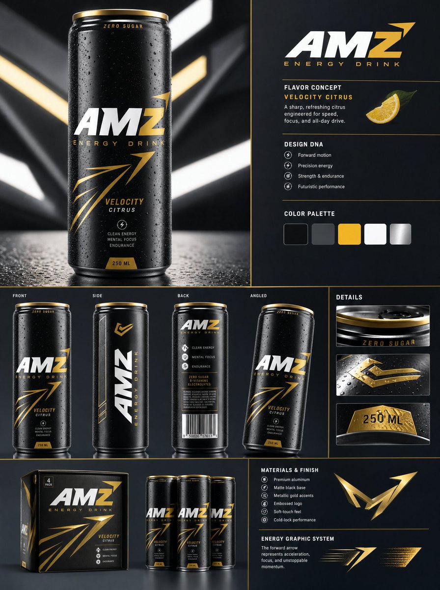 [BRAND NAME] → 高级能量饮料概念 将 [BRAND NAME] 转化为一个未来感、高端的能量饮料品牌，使用其现有的标志、色彩、字体、形状、比例和视觉个性作为核心创意 DNA。 不...