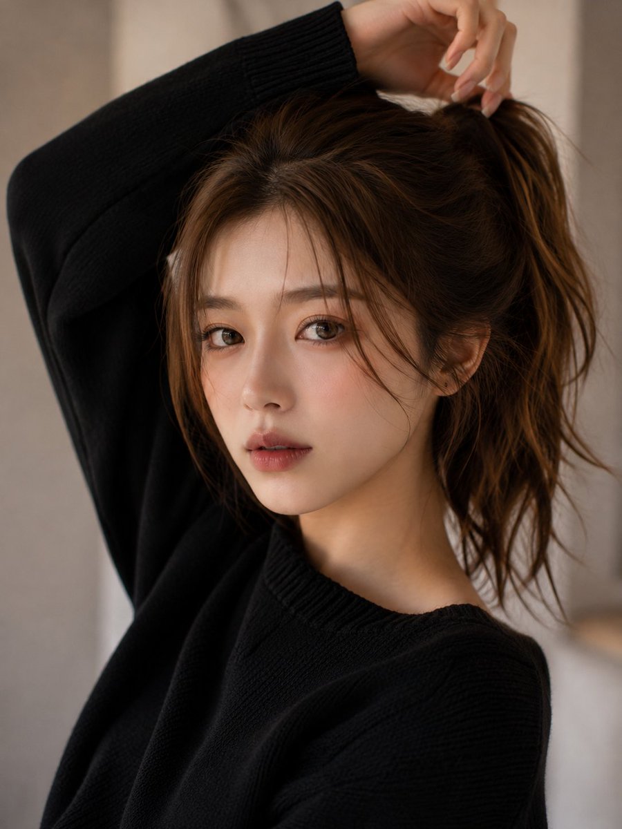 电影感的特写美人肖像，一位年轻女性，柔和的栗棕色头发扎成松散的马尾，几缕碎发轻拂着精致的脸庞，目光平静优雅地直视镜头。一只手臂高举过头，形成优雅...