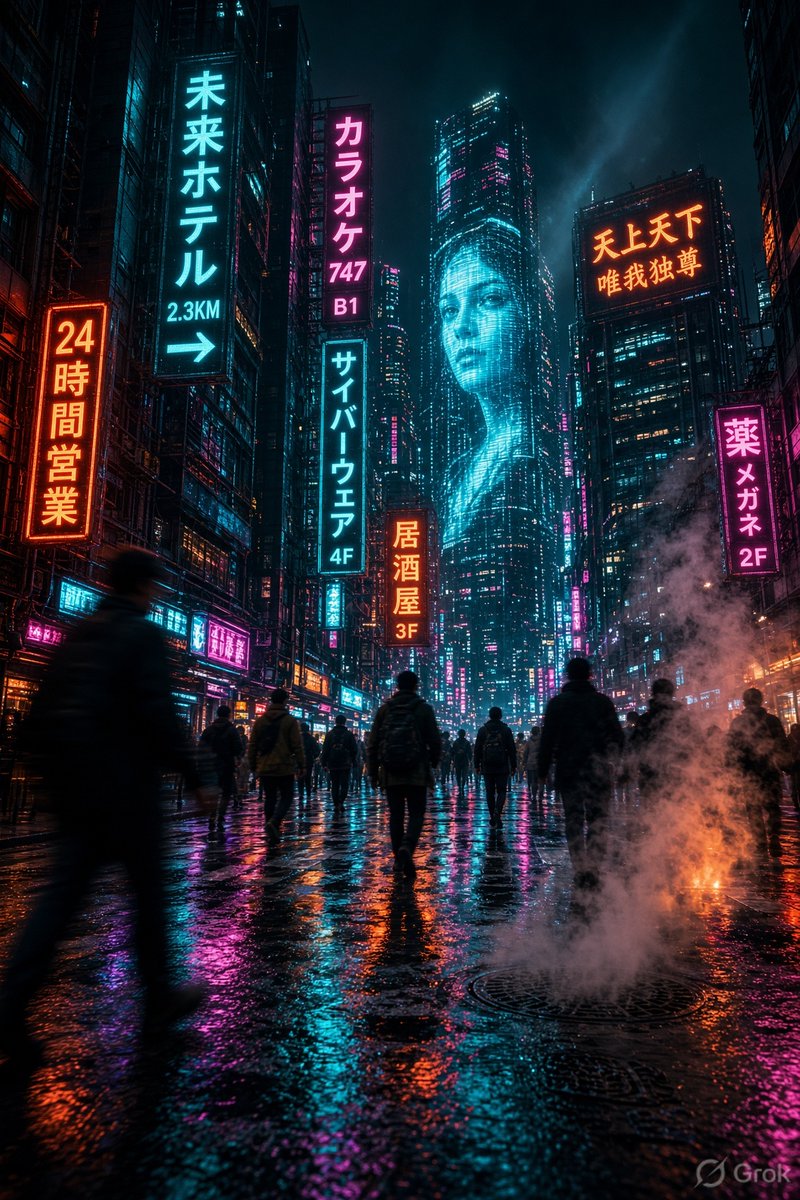 夜晚的未来赛博朋克城市街道，竖向构图。霓虹招牌（包含清晰的日文文字）在高耸的摩天大楼上发光。湿润的人行道倒映着鲜艳的灯光与全息广告。浓重的蒸汽从...