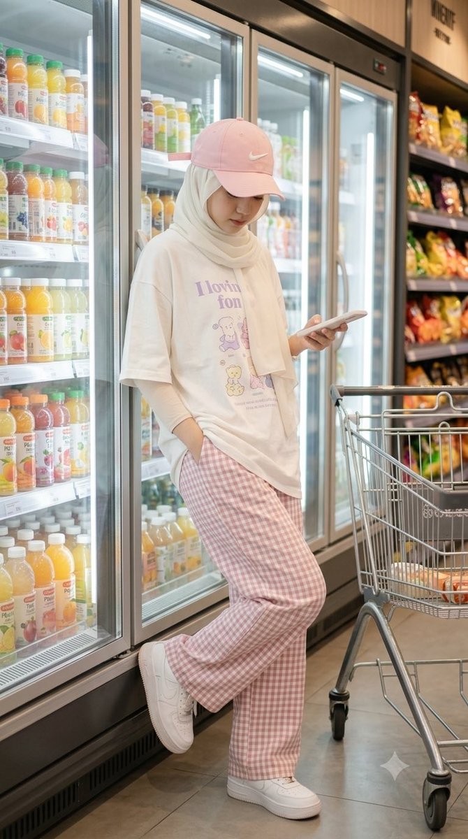 一位身材苗条、面容美丽的年轻女性戴着头巾（hijab），身处一家现代亚洲风格超市的饮料区。竖向 9:16 照片构图，全身入镜，随性生活摄影。相机...