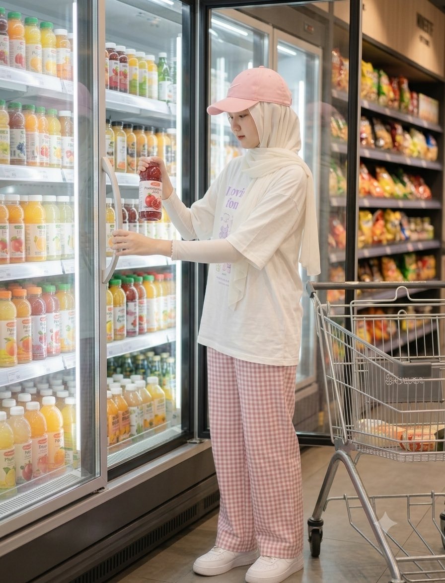 一位身材苗条、面容美丽的年轻女性戴着头巾（hijab），身处一家现代亚洲风格超市的饮料区。竖向 9:16 照片构图，全身入镜，随性生活摄影。相机位置略低于胸口高度（略微仰拍角度），使用 35m...
