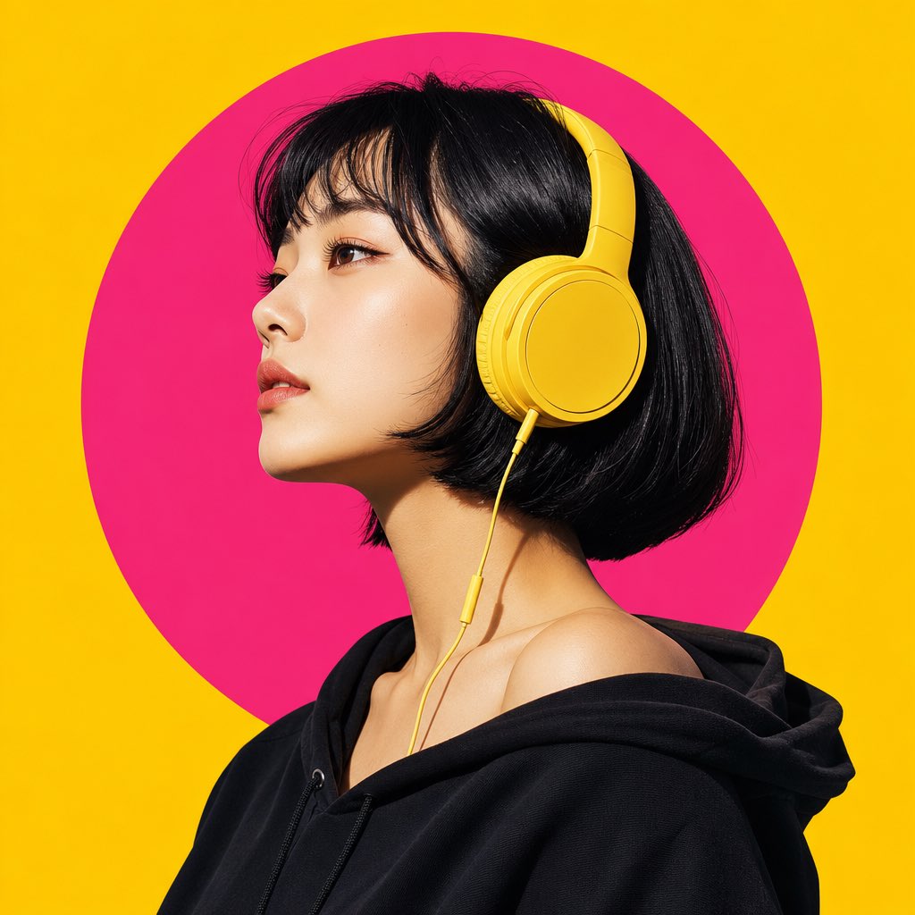 创作一幅超精细的现代波普艺术肖像:一位自信的东亚女性,以干净的左侧侧面呈现,微微仰视,神情平静而坚定。她留着利落的齐下巴短发波波头,带有柔和蓬松...