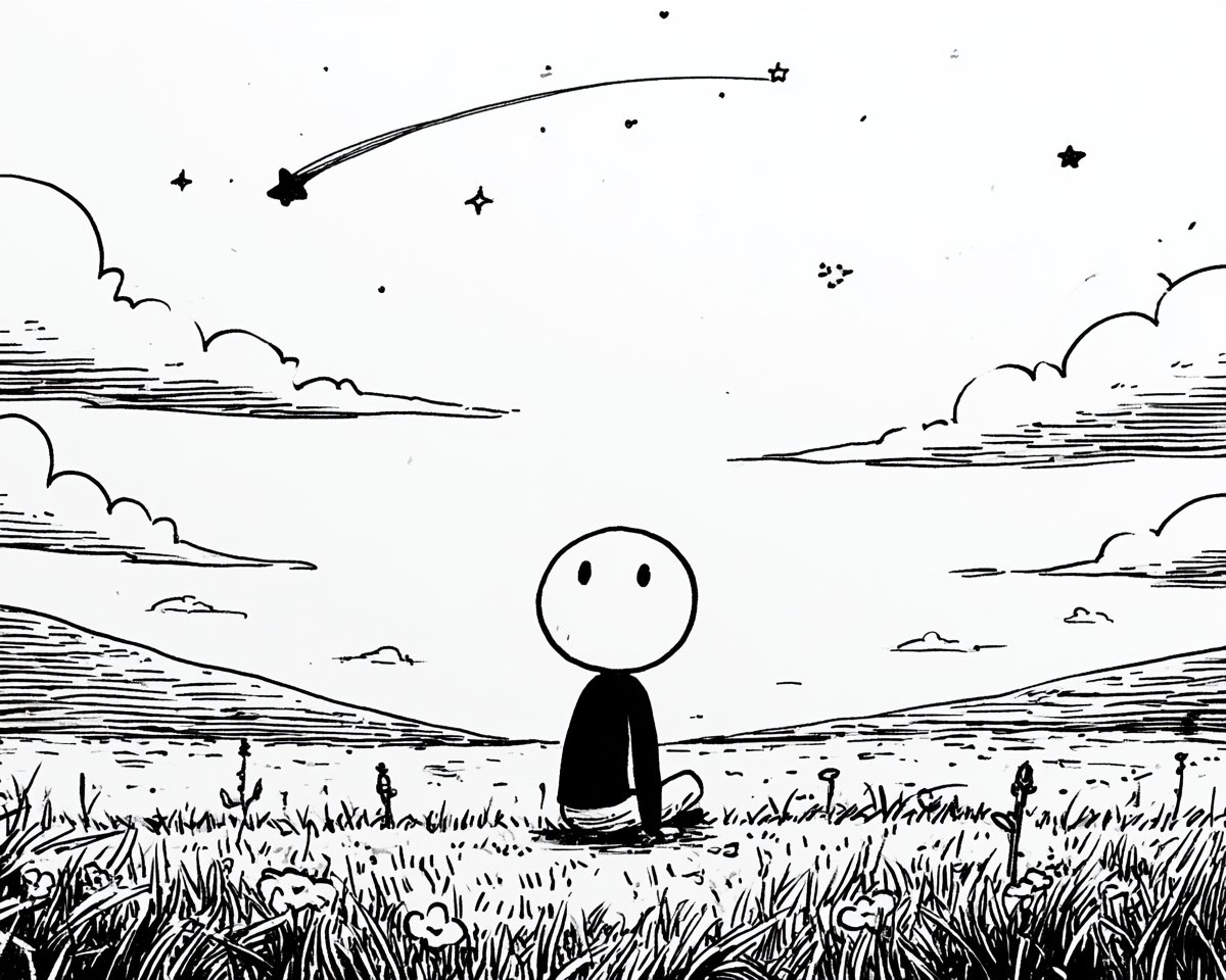 一个圆头角色坐在无尽空旷草地上的一把简易木长椅上，一道分离的黑色影子坐在角色旁边并朝向相反方向，两个身影都沉默静止，远处有一棵被风吹弯的树，一只...