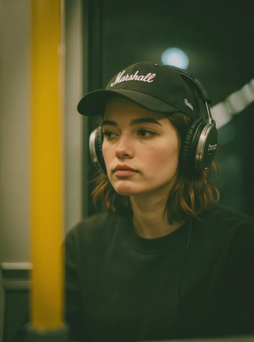 照片级真实感的电影质感人像肖像：一位年轻女性坐在录音棚或广播播音室内,戴着超大号专业头戴式耳机,身穿深色宽松卫衣。自然的中长棕色头发,层次柔和略显凌乱,真实发丝自然地垂落在脸庞两侧。表情平静、...