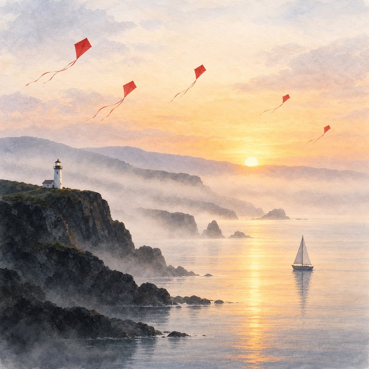 创作一幅方形的极简水彩日出风景画：天空中有恰好五只红色风筝，一座小白矗立于黑色悬崖之上，一艘帆船静静泊于平静水面，整体笼罩在柔和的薄雾之中，无人...