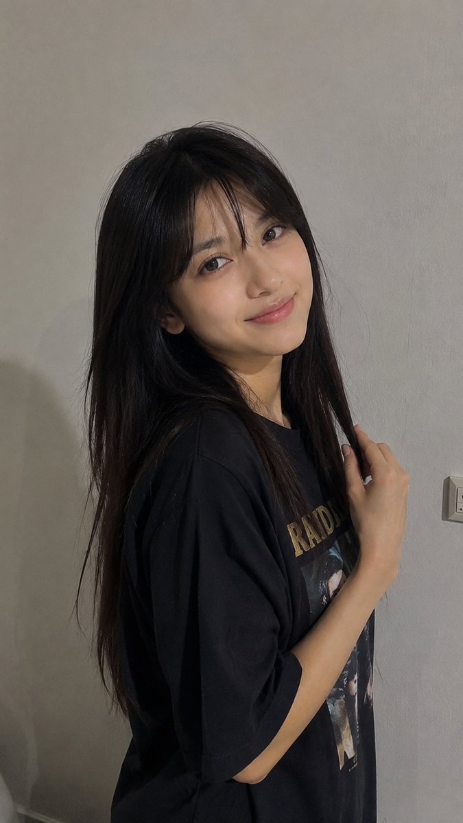 一张超写实的随性智能手机照片，画面中一位年轻女性站在室内的浅灰色简约墙壁前。她留着长而直的深棕色至黑色头发，自然中分，蓬松地垂落在肩膀和背部。她...