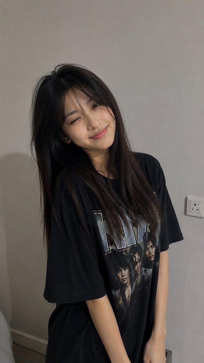 一张超写实的随性智能手机照片，画面中一位年轻女性站在室内的浅灰色简约墙壁前。她留着长而直的深棕色至黑色头发，自然中分，蓬松地垂落在肩膀和背部。她面容柔和自然，几乎没有化妆，眼神放松，嘴角微微上...