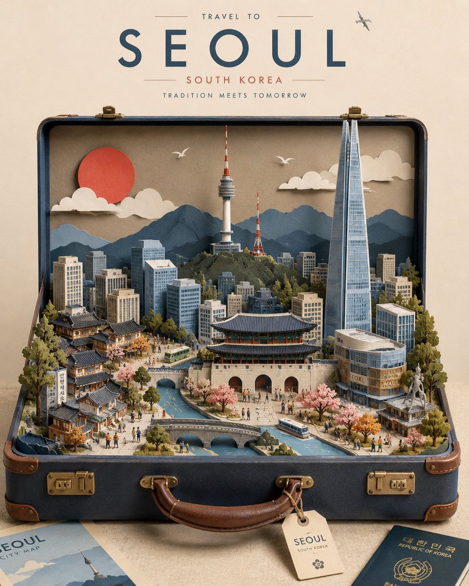 为 [CITY, COUNTRY] 创作一张高级感的 4:5 竖版旅行海报，画面设计为一座高度精致的迷你 3D 剪纸城市，从一个打开的复古旅行箱...