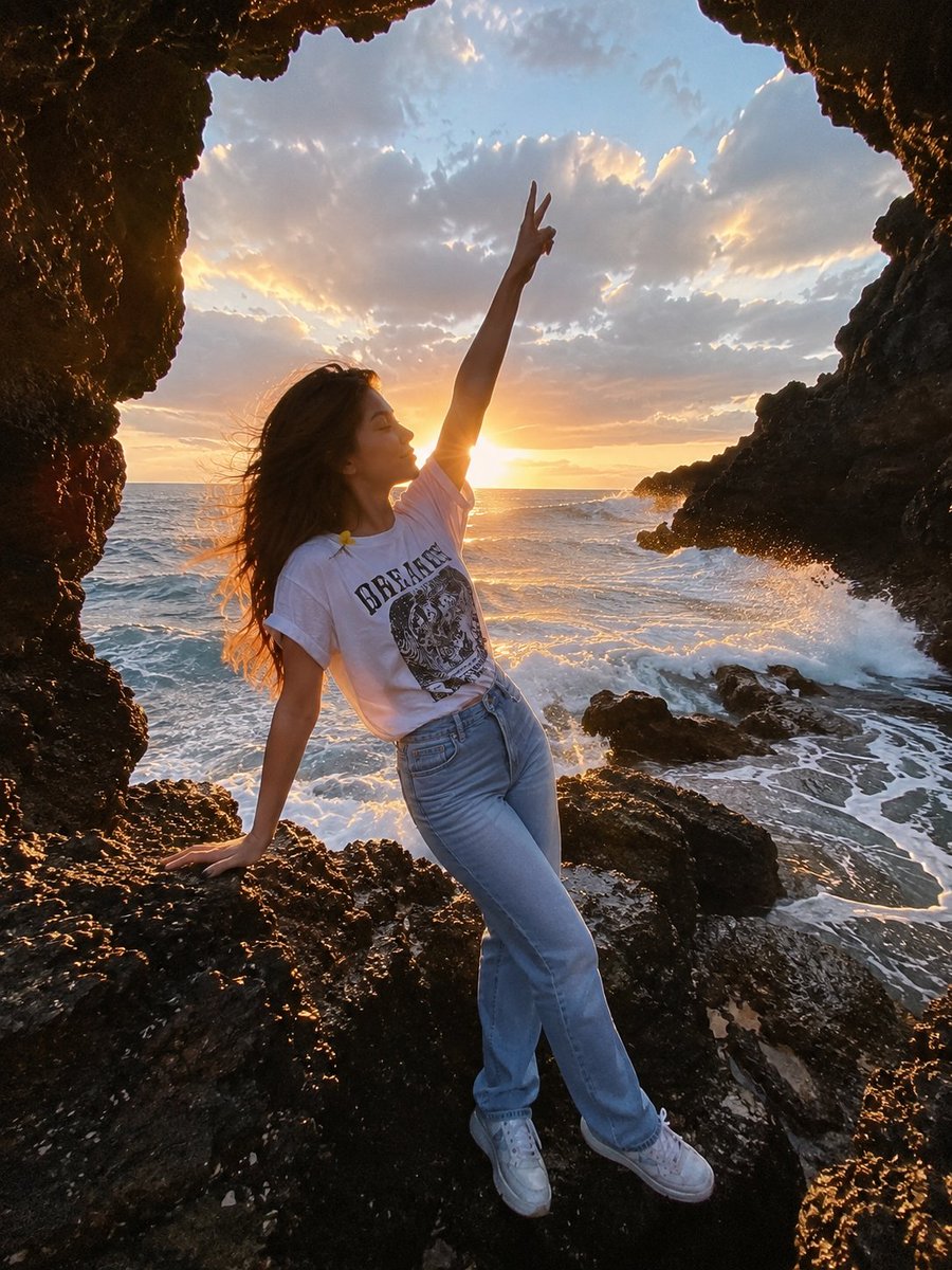 一幅电影感十足的海边人像照：一位年轻女子站在天然海洞内的黑色火山岩上，洞口粗犷的岩石形成天然画框。她一头深色长发在海风中戏剧性地飘扬，对着镜头俏...