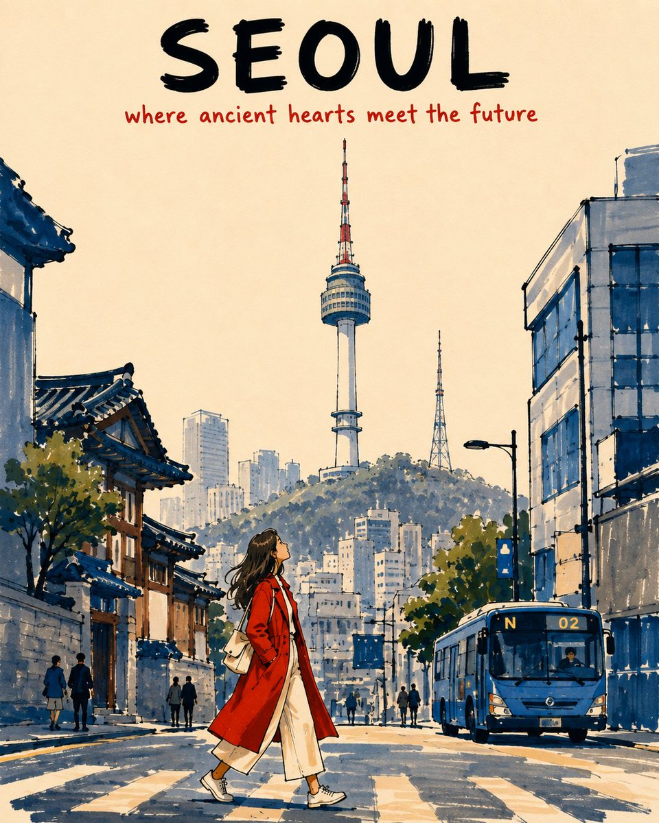 [目的地] = [城市名称] [地标] = [主要地标] 创作一张竖向 4:5 比例的酒精马克笔旅行海报，描绘 [目的地] 的 [地标]，采用低视角的行人视角。整体应像一段温情而不完美的旅行回...