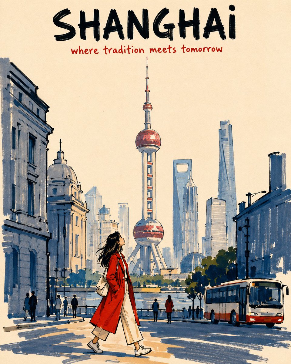[目的地] = [城市名称] [地标] = [主要地标] 创作一张竖向 4:5 比例的酒精马克笔旅行海报，描绘 [目的地] 的 [地标]，采用低视角的行人视角。整体应像一段温情而不完美的旅行回...