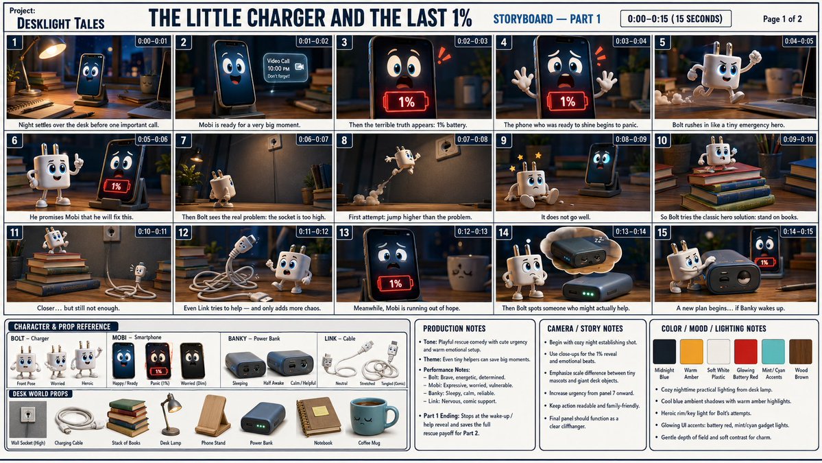 为一部30秒的3D动画短片《The Little Charger and the Last 1%》(小充电器与最后的1%)——故事板第一部分——...