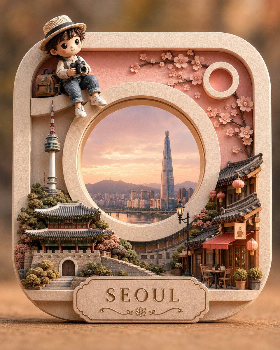 创作一个受 Instagram 标志启发的高级 3D 剪纸立体场景，以标志性的圆角方形外框和中心圆形镜头作为核心结构元素。构图应通过一个简洁、优雅的微缩场景来呈现 {CITY}，仅包含 3–6...
