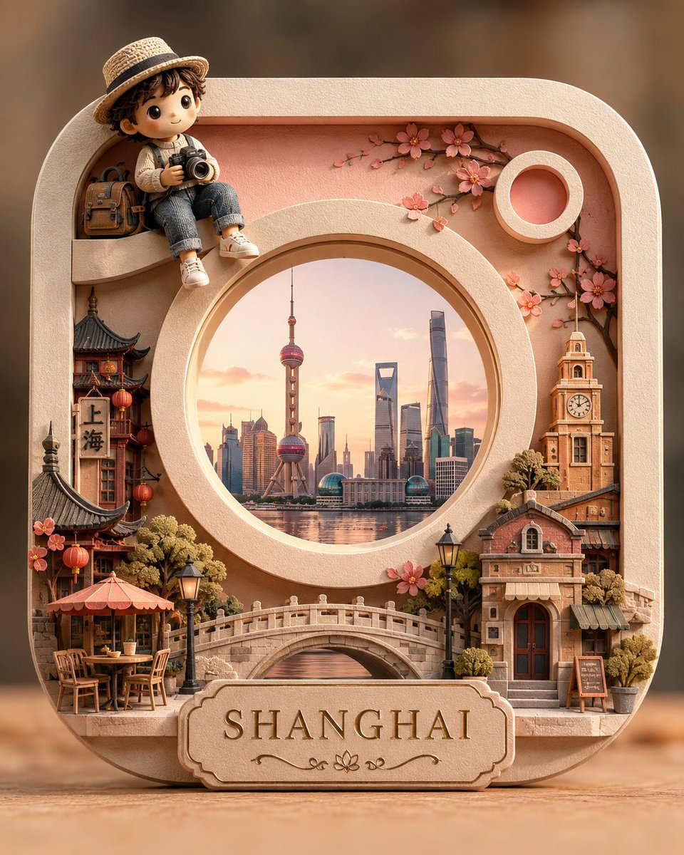 创作一个受 Instagram 标志启发的高级 3D 剪纸立体场景，以标志性的圆角方形外框和中心圆形镜头作为核心结构元素。构图应通过一个简洁、优雅的微缩场景来呈现 {CITY}，仅包含 3–6...