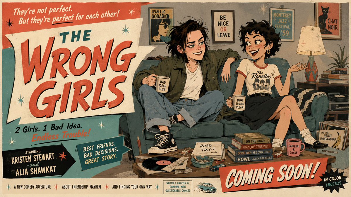 中世纪戏剧化卡通静帧风格的好莱坞电影预告横幅，为《The Wrong Girls》宣传，画面包含一幅夸张肖像画：克里斯汀·斯图尔特饰演自由奔放的...