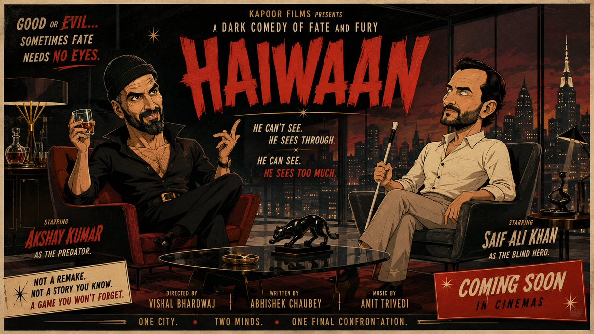 世纪中叶戏剧化卡通静帧宣传好莱坞电影先导预告横幅，《Haiwaan》（野兽），以夸张漫画形象刻画 Akshay Kumar 饰演的纯粹邪恶反派：...