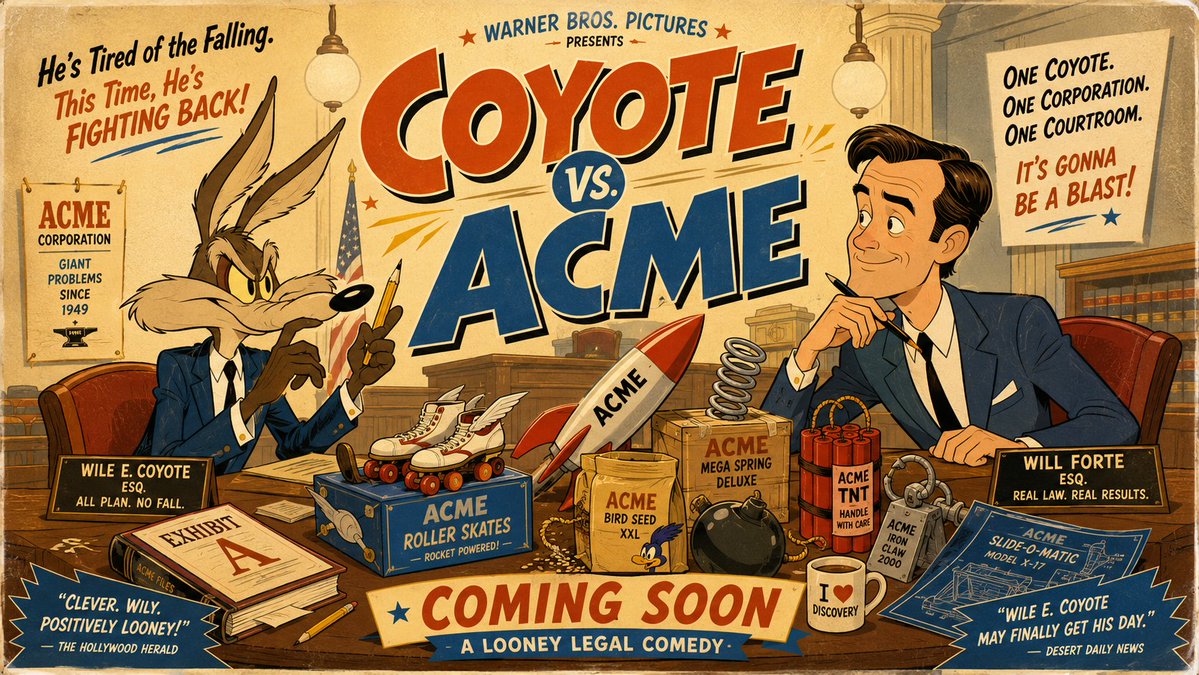 世纪中叶剧院动画静帧好莱坞电影预告横幅，用于《Coyote vs. ACME》（土狼大战ACME公司），以经典 Wile e. Coyote（大...