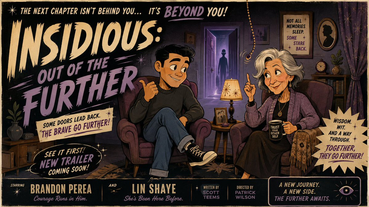 Insidious: Out of the Further（潜伏：更深之处）的好莱坞电影预告片中世纪剧院风卡通定格宣传横幅，以Brandon P...
