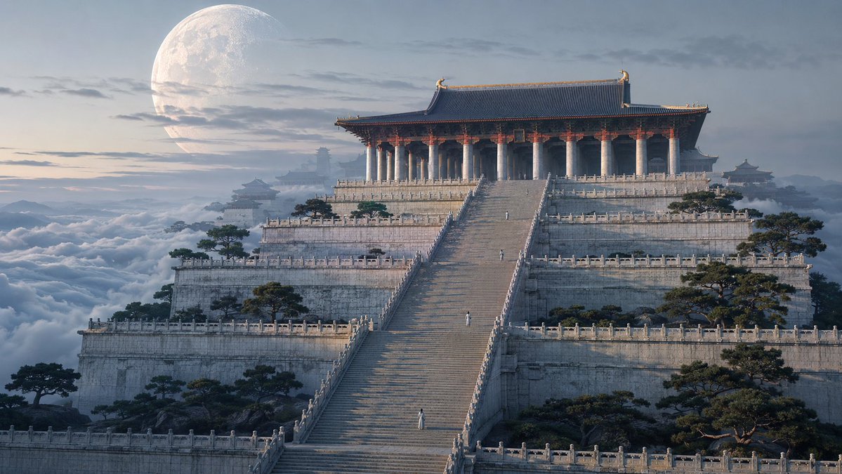 云上之城，东方美学🎨 GPT- image 2 提示词 👇 16:9 宽屏。高端电影级 3D 渲染，具备动画长片级的精致打磨，极致的建筑细节，无...