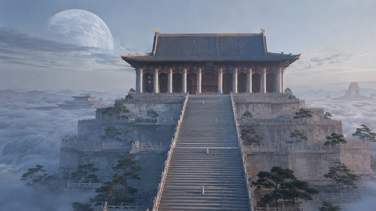 云上之城，东方美学🎨 GPT- image 2 提示词 👇 16:9 宽屏。高端电影级 3D 渲染，具备动画长片级的精致打磨，极致的建筑细节，无塑料光泽。冷色调清晨。 【尺度法则 —— 整张图...