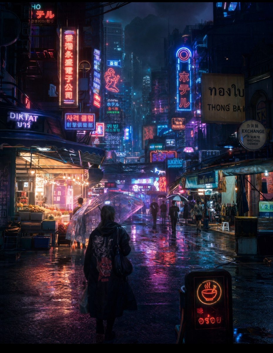 超电影感的赛博朋克夜市,位于密集的未来主义亚洲巨型都市中,大雨滂沱,从街道视角观看。一个孤独神秘的、身披黑色长款连帽风衣的人物背对镜头,在一条挤...