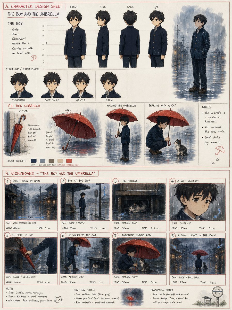 GPT image 2 故事板提示词 — 为一部名为《男孩与伞》(The Boy and the Umbrella) 的原创情感短片创建一张竖版...