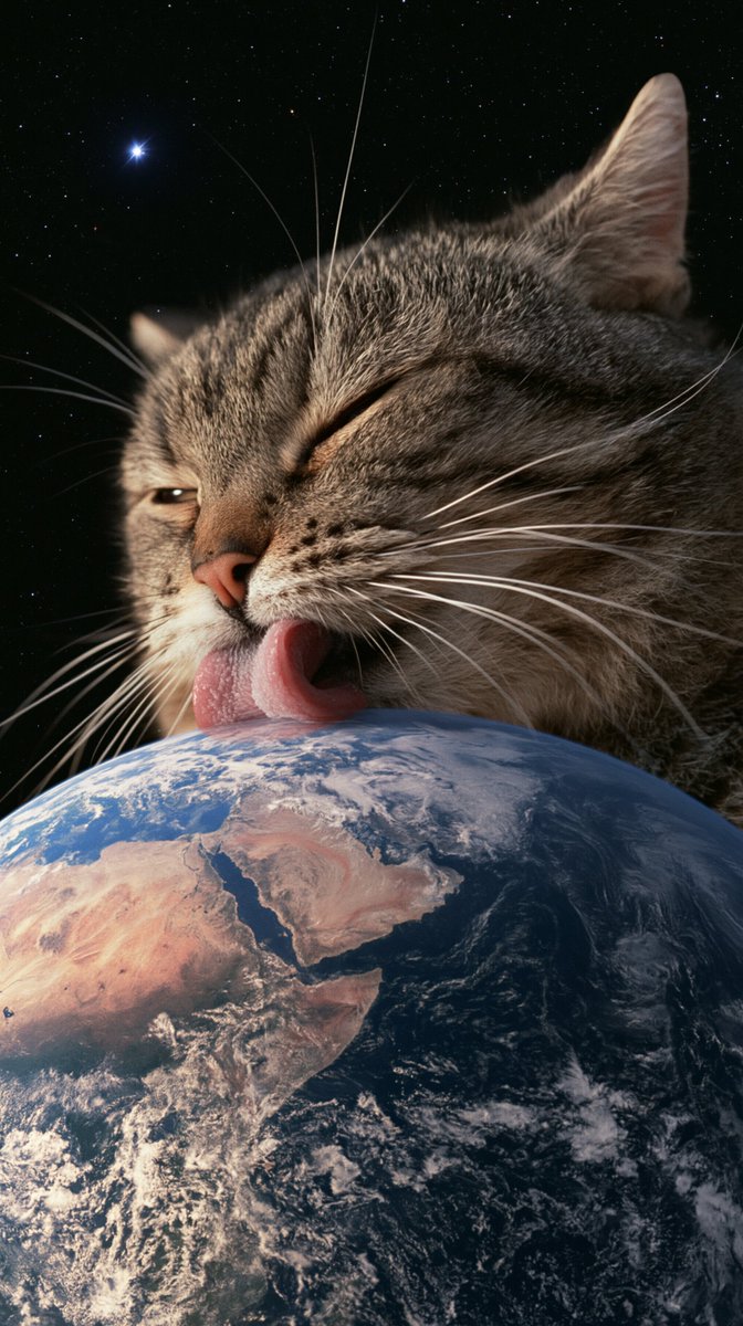 外太空中一只巨大的家养虎斑猫,它的巨大面孔在地球后方若隐若现,用粉红色的舌头舔舐地球,舌头触及地球的上表面,特写构图,猫的头部被画面顶边裁切,地...