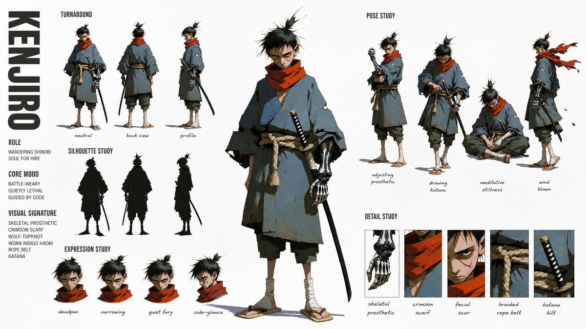 创建一个高级、现代的高级时装角色概念设定表（CHARACTER CONCEPT ART SHEET），采用 16:9 宽屏布局，纯白背景。 附加...